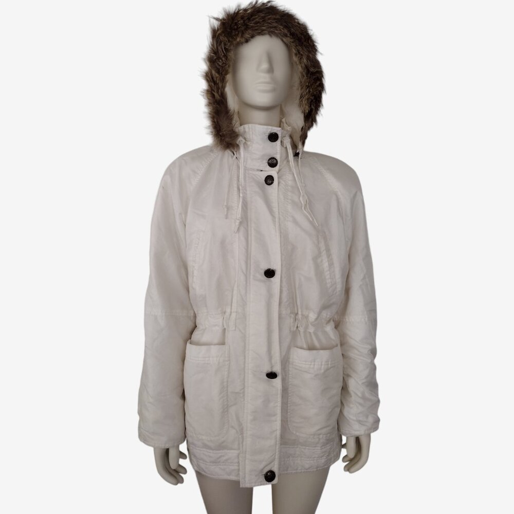 Vintage 1990s White Nylon Mock Neck Hooded Fur Trimmed Puffer Jacket Size S